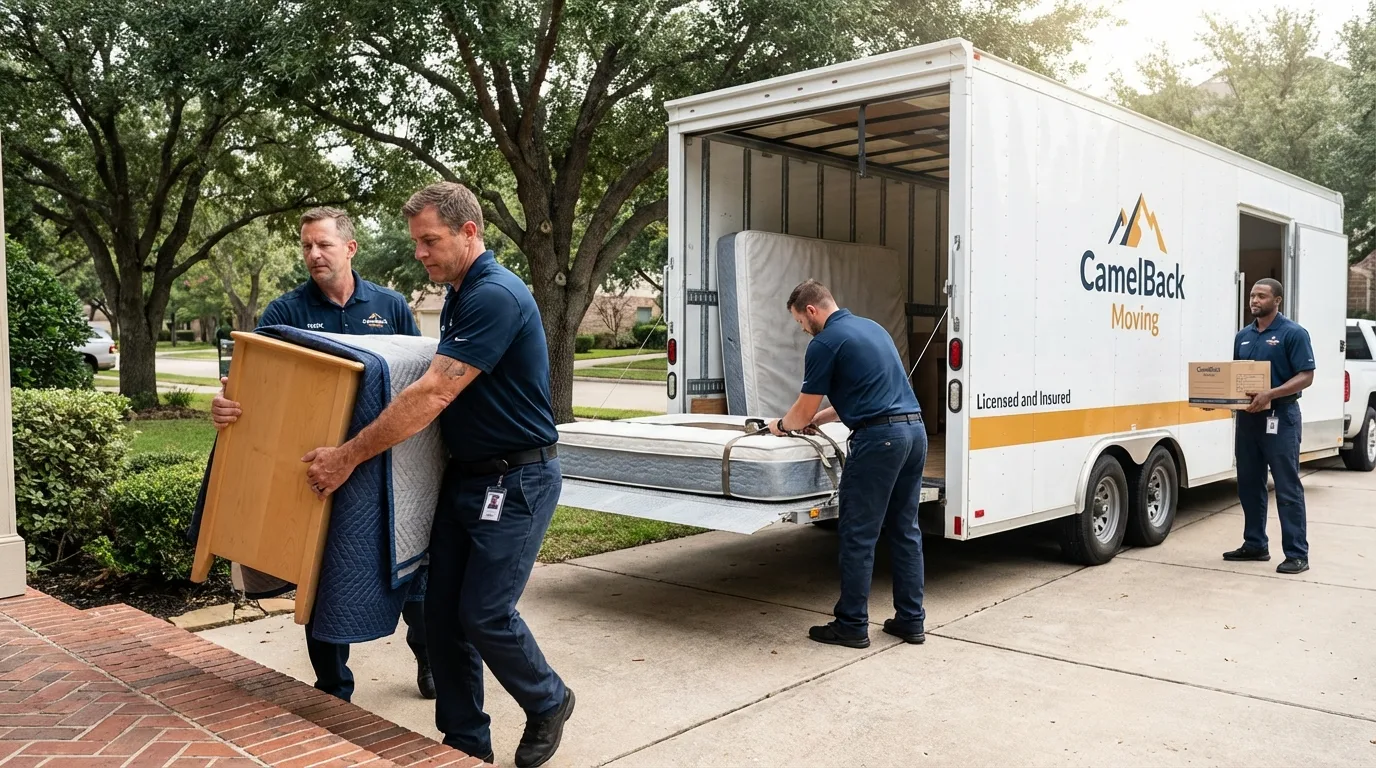 Crew loading residential truck for cross-state move from Hebron, IN