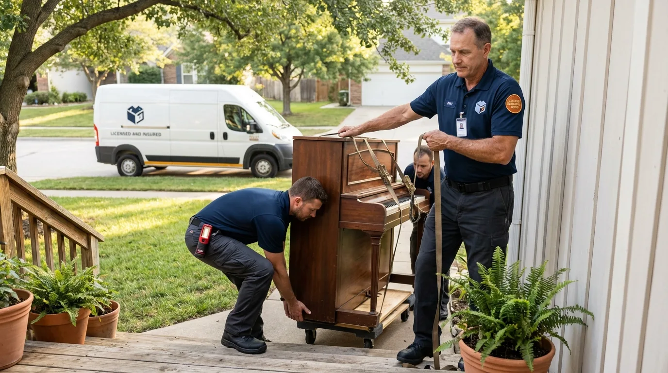 Licensed piano movers securing grand piano in Hebron, IN