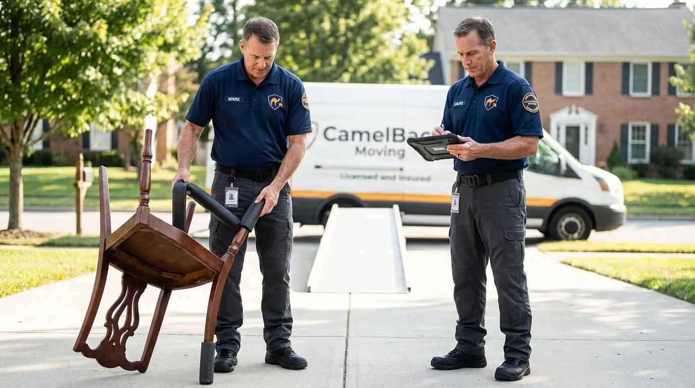 Movers inspecting furniture for damage prevention before loading in Hebron, IN